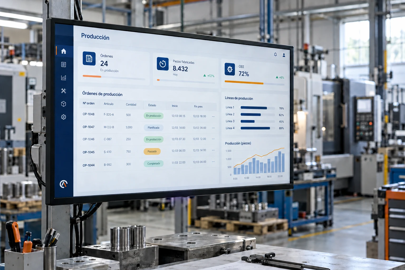 Pantalla ilustrativa de producción industrial con órdenes e indicadores.